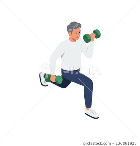 Middle aged man exercising with dumbbells in lunges for fitness and strength training vector illustration Middle aged man exercising with dumbbells in lunges for fitness and strength training vector illustration 136861923