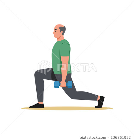 Mature man exercising with dumbbells doing lunges for fitness and strength training in home workout routine 136861932