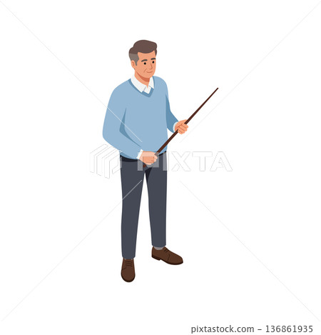 Man wearing blue sweater holding pointer stick standing isolated on white background vector illustration Man wearing blue sweater holding pointer stick standing isolated on white background vector illustration 136861935