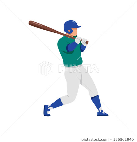 Baseball player swinging bat in blue helmet and green jersey vector illustration design for sports and leisure activity Baseball player swinging bat in blue helmet and green jersey vector illustration design for sports and leisure activity 136861940