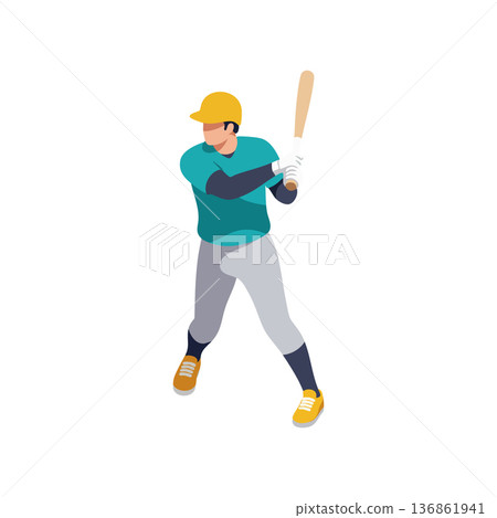 Baseball player in teal shirt and yellow helmet swinging bat in dynamic pose vector illustration 136861941