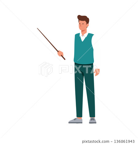 Young male teacher pointing with stick in casual outfit standing confidently vector illustration Young male teacher pointing with stick in casual outfit standing confidently vector illustration 136861943