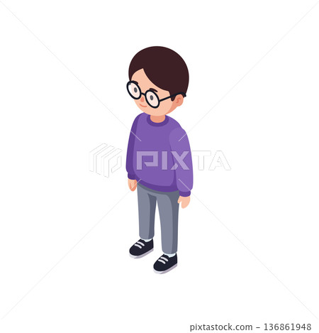 Boy with glasses wearing purple sweater and gray pants standing in isometric style vector illustration 136861948