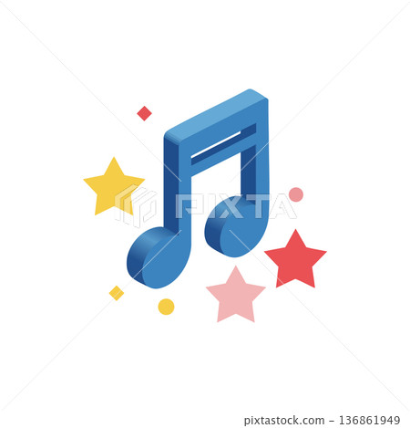 Blue three-dimensional music note with colorful stars and dots vector illustration design 136861949