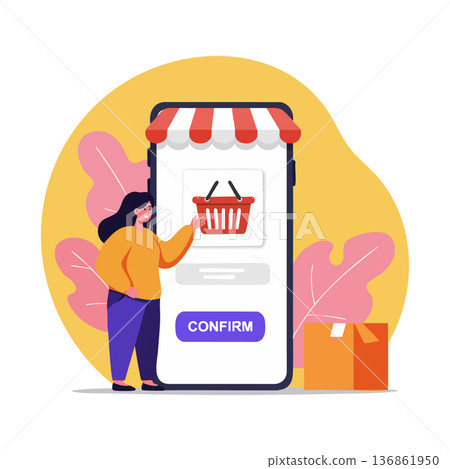 Online shopping mobile app with woman confirming basket purchase and delivery box vector illustration 136861950