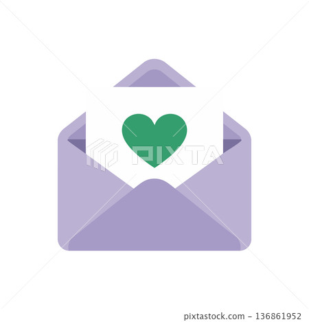 Open purple envelope with white card displaying green heart symbol for love message vector illustration Open purple envelope with white card displaying green heart symbol for love message vector illustration 136861952