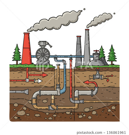 Industrial factory with underground pipes and smoke stacks emitting pollution in an environmental impact concept vector illustration 136861961