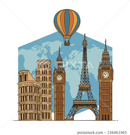 Famous landmarks including Leaning Tower of Pisa Eiffel Tower Big Ben with hot air balloon and world map background vector illustration Famous landmarks including Leaning Tower of Pisa Eiffel Tower Big Ben with hot air balloon and world map background vector illustration 136861965
