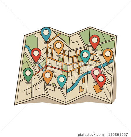 Folded city map with colorful location pins and street layout vector illustration for navigation and travel planning 136861967