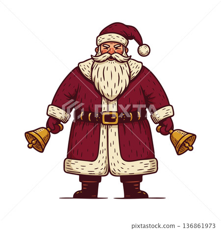 Santa Claus holding two golden bells festive Christmas holiday vector illustration 136861973