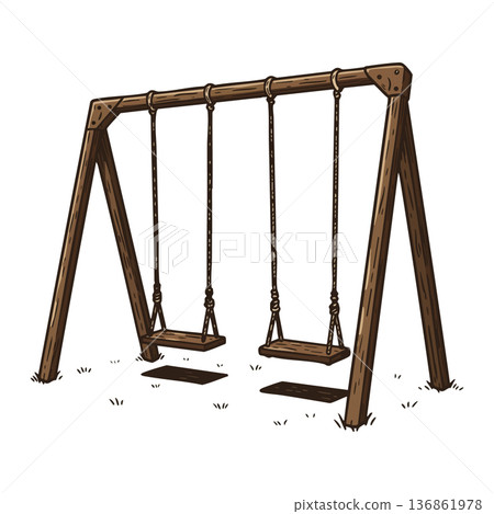 Wooden swing set with two seats hanging in outdoor playground vector illustration of classic playground equipment 136861978