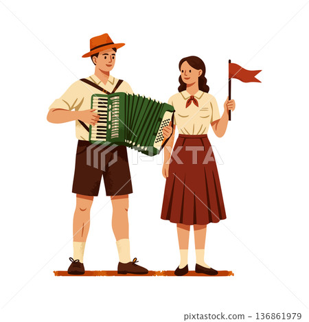 Man playing accordion and woman holding flag in traditional folk costume vector illustration of cultural celebration and music 136861979