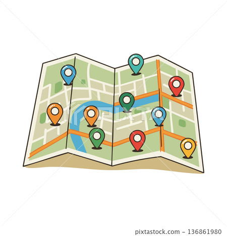 Folded map with colorful location pins and street layout vector design for navigation and travel planning Folded map with colorful location pins and street layout vector design for navigation and travel planning 136861980