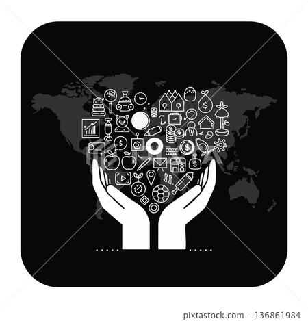 Hands holding heart shape with business and technology icons on world map background vector design Hands holding heart shape with business and technology icons on world map background vector design 136861984