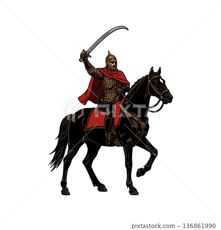 Medieval warrior on horseback raising sword in battle-ready pose with red cape and armor vector illustration Medieval warrior on horseback raising sword in battle-ready pose with red cape and armor vector illustration 136861990