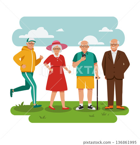 Group of active senior people enjoying outdoor activities with diverse clothing styles and accessories in park setting 136861995
