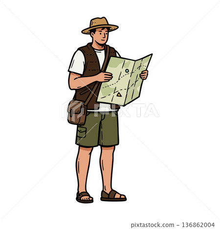 Man explorer holding map looking for directions wearing hat shorts and vest outdoor adventure concept vector illustration 136862004