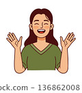 Happy young woman smiling with raised hands expressing joy and positivity in casual green shirt vector illustration 136862008