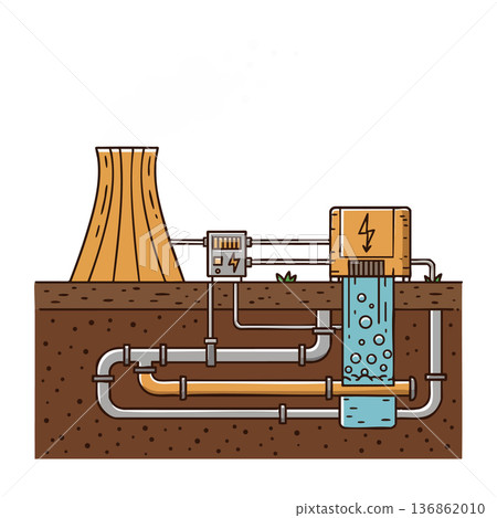 Nuclear power plant water cooling system with underground pipes and energy equipment in vector design illustration 136862010