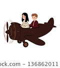 Children flying vintage brown airplane vector illustration with boy and girl enjoying ride outdoors 136862011