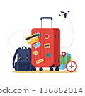 Travel suitcase with backpack map compass credit card and airplane vector design for vacation planning and adventure preparation illustration 136862014