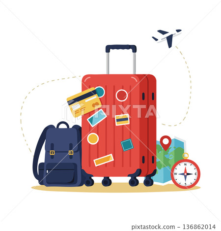 Travel suitcase with backpack map compass credit card and airplane vector design for vacation planning and adventure preparation illustration 136862014