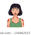 Young woman with skin rash and worried expression in green top vector illustration in portrait style 136862015