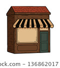 Small wooden shop with striped awning and green door in vintage style vector illustration 136862017
