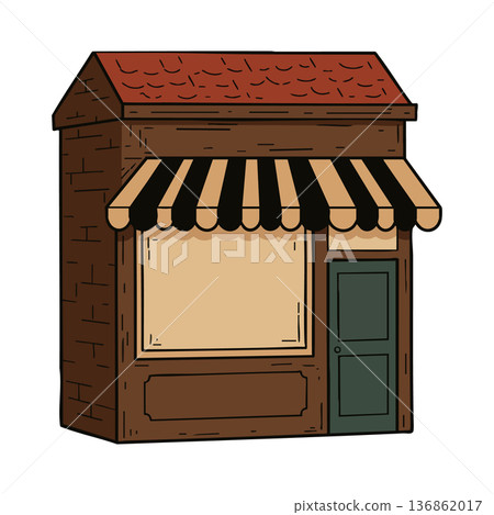 Small wooden shop with striped awning and green door in vintage style vector illustration Small wooden shop with striped awning and green door in vintage style vector illustration 136862017