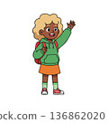 Young cheerful girl with curly hair wearing green hoodie orange skirt and red backpack waving hand vector illustration 136862020