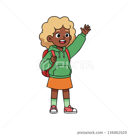 Young cheerful girl with curly hair wearing green hoodie orange skirt and red backpack waving hand vector illustration Young cheerful girl with curly hair wearing green hoodie orange skirt and red backpack waving hand vector illustration 136862020