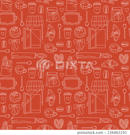 Hand-drawn seamless pattern for French bakery branding and packaging, pastry and coffee and bread in line art style on red Hand-drawn seamless pattern for French bakery branding and packaging, pastry and coffee and bread in line art style on red 136862291