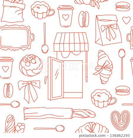 Hand-drawn seamless pattern for French bakery branding and packaging, pastry and coffee and bread in line art style Hand-drawn seamless pattern for French bakery branding and packaging, pastry and coffee and bread in line art style 136862293