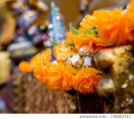 Symbols of Buddhism. South-Eastern Asia. Details of buddhist temple in Thailand. 136862413