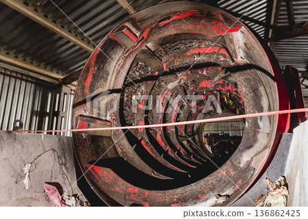 At modern recycling plant. Conveyor belt for transports garbage 136862425