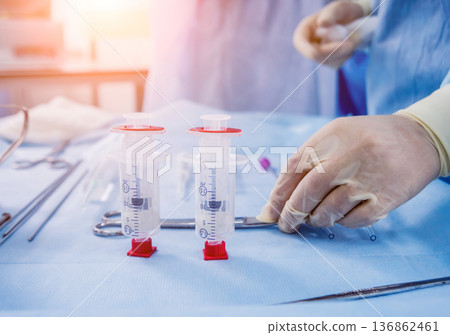 Platelet-Rich plasma preparation. Plasma in syringe. Centrifuge. 136862461