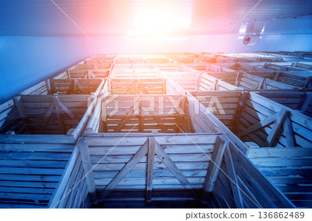 Empty industrial freezer warehouse for vegetable storage. Empty industrial freezer warehouse for vegetable storage. 136862489