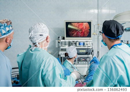 Process of gynecological surgery operation using laparoscopic equipment. Process of gynecological surgery operation using laparoscopic equipment. 136862493