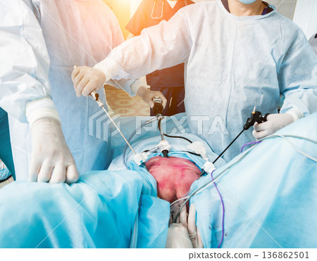 Process of gynecological surgery operation using laparoscopic equipment. Process of gynecological surgery operation using laparoscopic equipment. 136862501