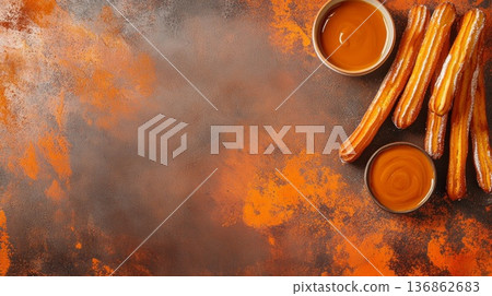 新鮮炸製的吉事果配焦糖醬和鏽跡斑斑的背景 136862683