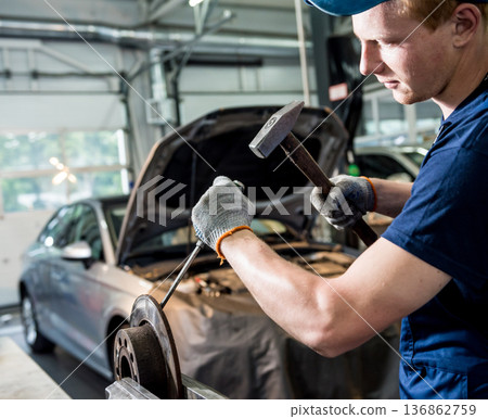 Car mechanic repair car brakes at service station. Car repair service 136862759