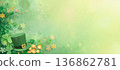 Background for St. Patrick's Day celebrations with light bokeh effects and an Irish hat on a field of clovers 136862781