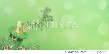St. Patrick's Day celebration background with scattered shamrocks emerging from a traditional Irish hat and bokeh effects. 136862784