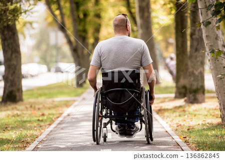 Handicapped man in wheelchair walk at the park alley 136862845