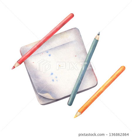Blank note stickers, colorful pencils. Hand-painted watercolor illustration isolated on white for planners, stationery, to-do lists, branding, scrapbooking, school, college, work, education project 136862864