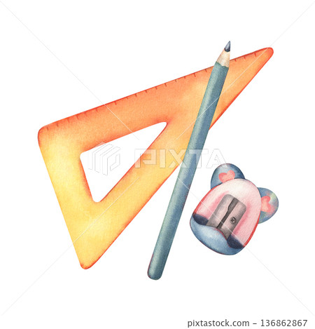 Ruler, pencil and sharpener. Hand-painted watercolor illustration isolated on white. Perfect for school branding, education materials, back to school designs, stationery packaging and planners Ruler, pencil and sharpener. Hand-painted watercolor illustration isolated on white. Perfect for school branding, education materials, back to school designs, stationery packaging and planners 136862867