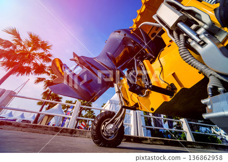 Engine. Speed boat engine with propeller details Engine. Speed boat engine with propeller details 136862958
