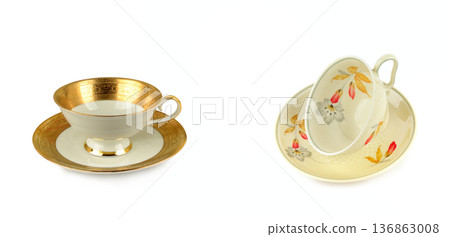 Elegant Vintage Porcelain Teacups with Gold Gilding and Floral Patterns Elegant Vintage Porcelain Teacups with Gold Gilding and Floral Patterns 136863008