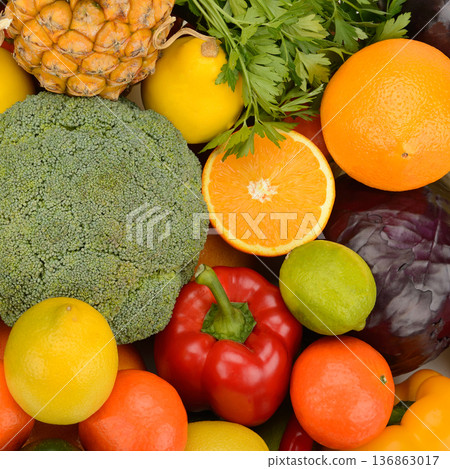 Vibrant Assortment of Fresh Fruits and Vegetables Background 136863017