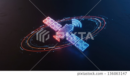 A digital illustration of a satellite is depicted with glowing red and blue outlines, orbiting a dark space background with radiating signals and energy fields. 136863147